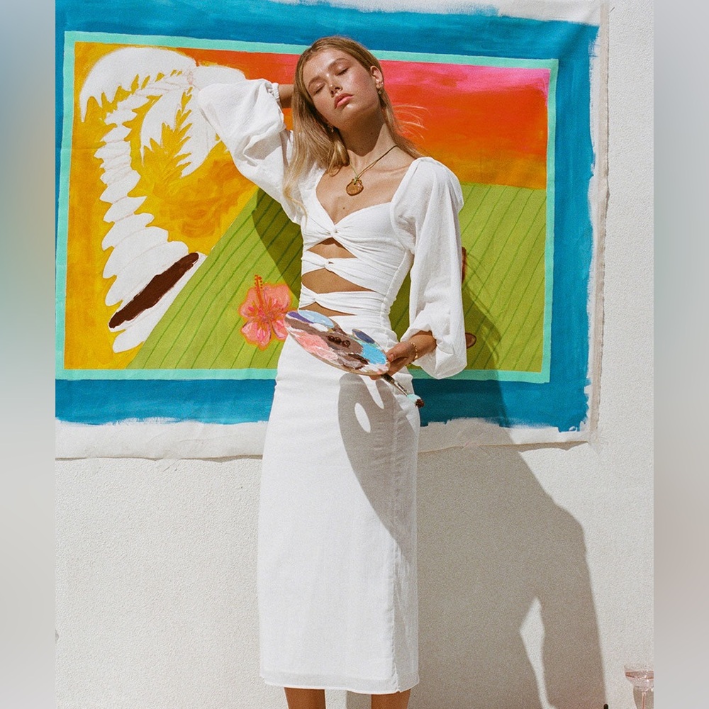 Sabo Skirt White Cutout Midi Dress with Puff Sleeves